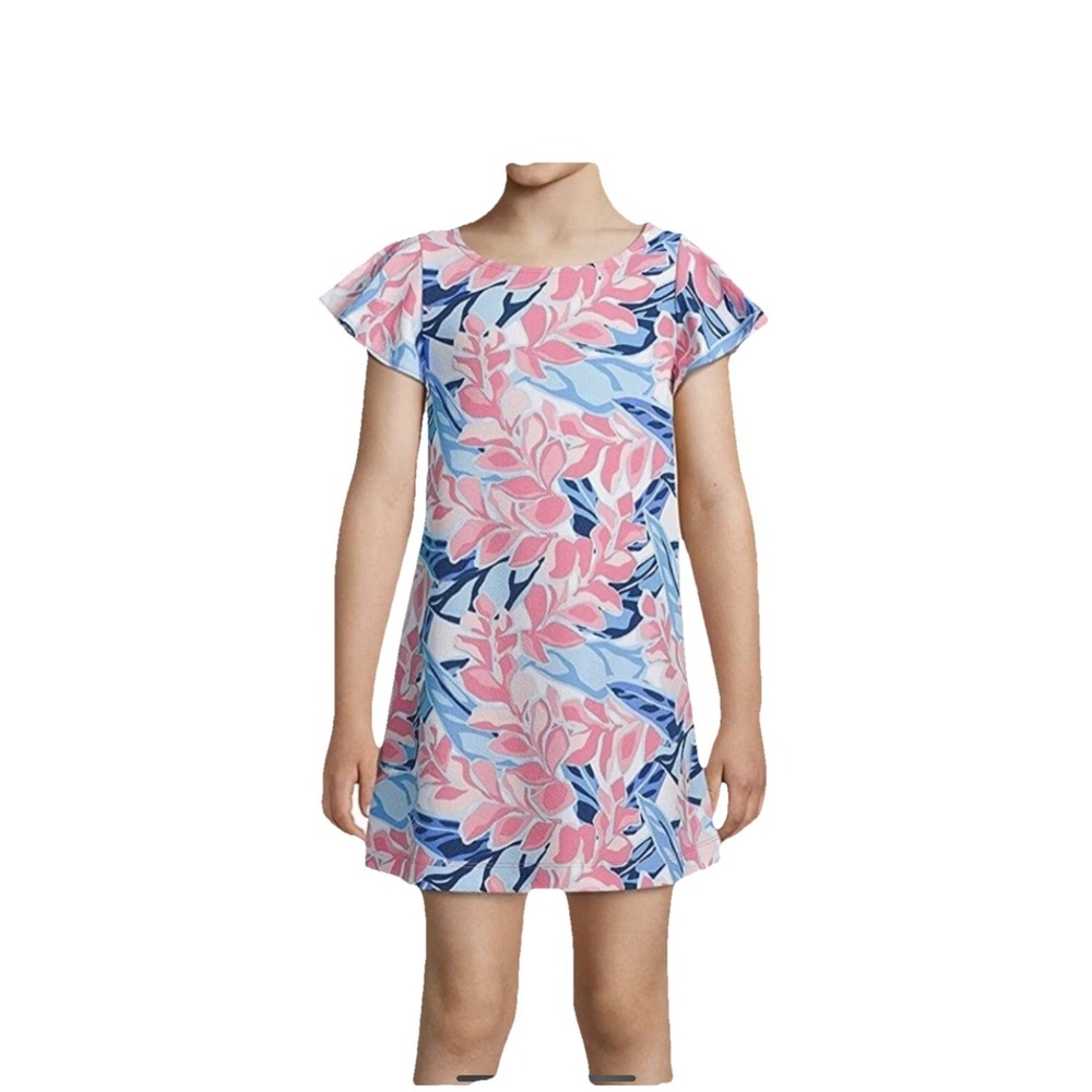 Pappagallo Girls M 6-8 Yrs Flutter Sleeve Swing‎ Dress Pink Blue Tropical Beach